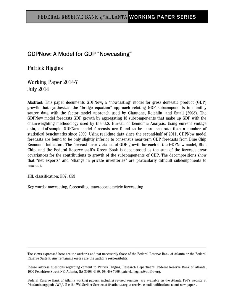 Working Papers (Federal Reserve Bank of Atlanta), GDPNow : A Model for GDP  