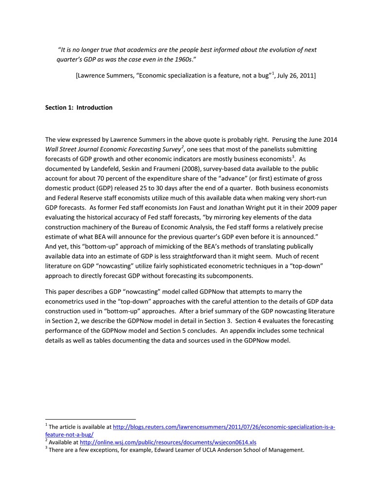 Working Papers (Federal Reserve Bank of Atlanta), GDPNow : A Model for GDP  