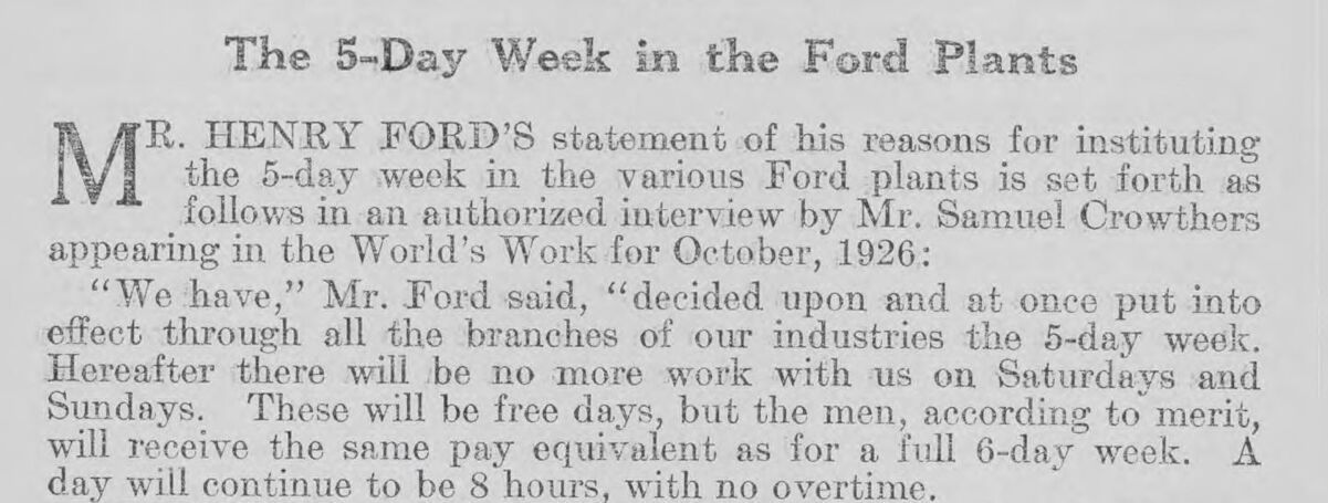 Page from the December 1926 Monthly Labor Review headed The 5-Day Week in the Ford Plants, quoting Ford